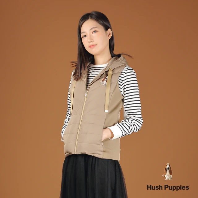 Hush Puppies 女裝 外套 拼接織帶刺繡狗羽絨連帽背心(咖啡 / 44217101)