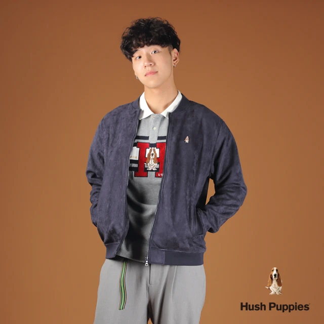 Hush Puppies 男裝 外套 素色空氣層麂皮絨刺繡小狗休閒外套(丈青 / 44117201)