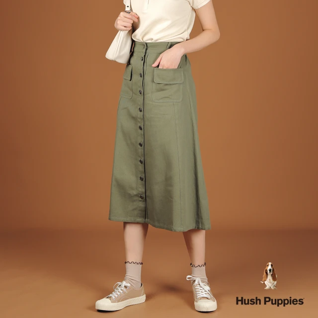 Hush Puppies 女裝 長裙 素色前開津貼袋休閒長裙(軍綠 / 44223102)