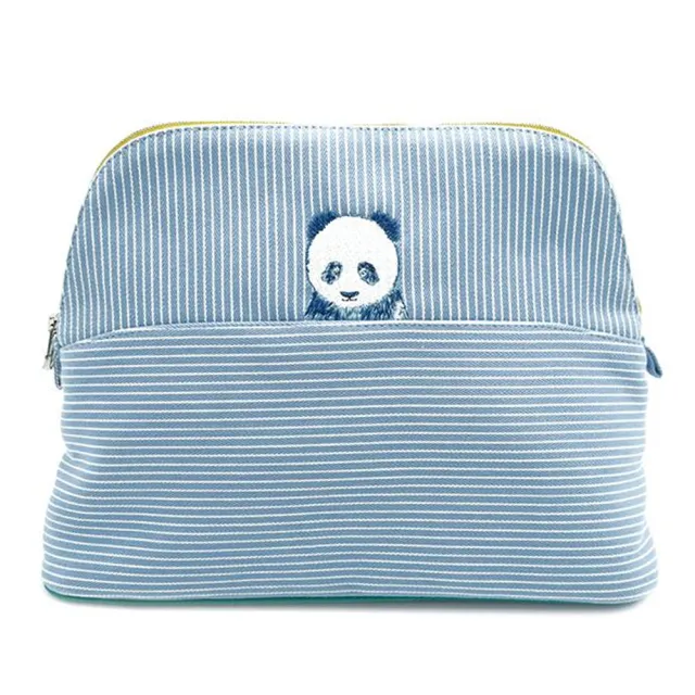 【Hermes 愛馬仕】H103322M 01 熊貓刺繡圖案盥洗包/化妝收納包(矢車菊藍)