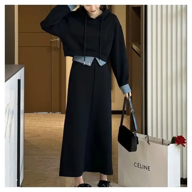 【ASister 小姊姊】AS0842#中大尺碼洋裝/套裝☆*拼接牛仔*連帽抽繩外套+半身裙裙裝(2色 M-5XL)