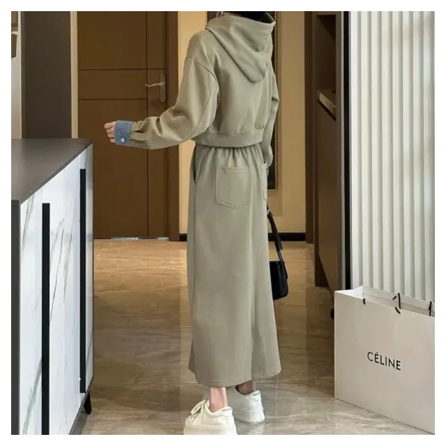 【ASister 小姊姊】AS0842#中大尺碼洋裝/套裝☆*拼接牛仔*連帽抽繩外套+半身裙裙裝(2色 M-5XL)