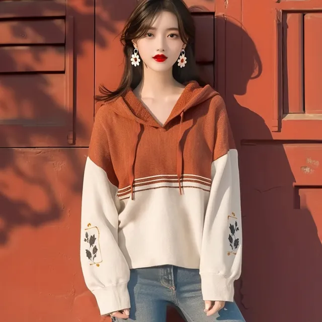 【LANNI 藍尼】★撞色印花連帽上衣(上衣/女裝/T恤/休閒/百搭/日系)