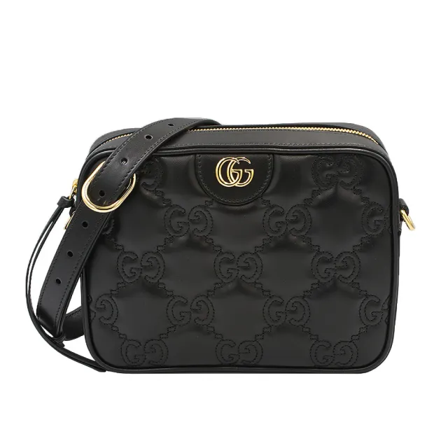 【GUCCI 古馳】經典GG絎縫MATELASSE菱革紋皮革雙背帶 肩背/斜背包(黑色)
