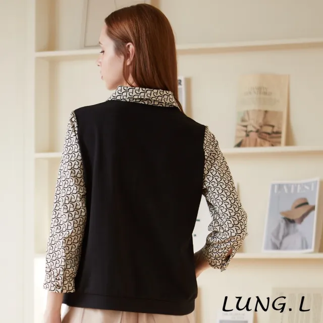 【LUNG.L 林佳樺】LQ46A黑色背心拼接印花襯衫假兩件七分袖女裝上衣(秋冬新品 加大尺碼)