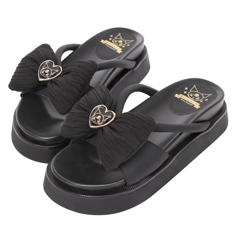【Ann’S】Ann’S X Sanrio三麗鷗 酷洛米聯名 琺瑯愛心澎澎大蝴蝶結厚底涼拖鞋5cm(黑)