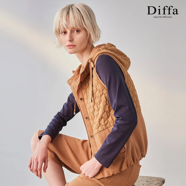 Diffa 異素材拼接連帽設計背心外套-女