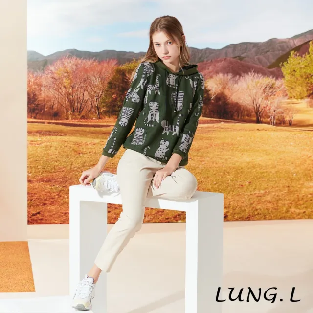 【LUNG.L 林佳樺】LQ32A綠色貓咪圖案長袖女裝帽T(秋冬新品)
