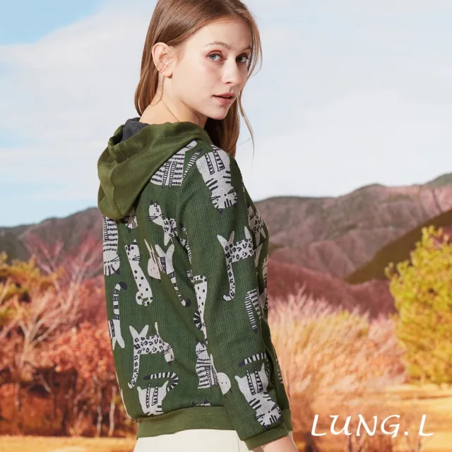 【LUNG.L 林佳樺】LQ32A綠色貓咪圖案長袖女裝帽T(秋冬新品)