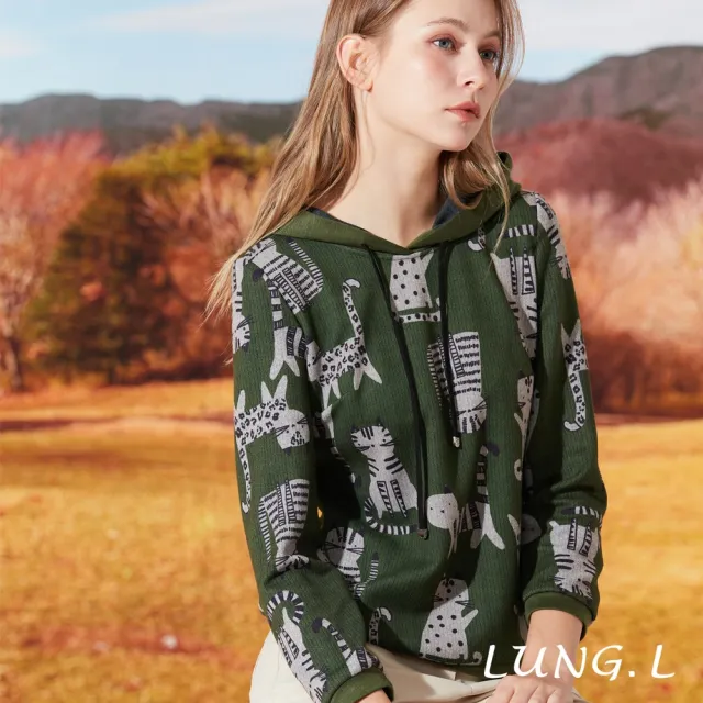 【LUNG.L 林佳樺】LQ32A綠色貓咪圖案長袖女裝帽T(秋冬新品)