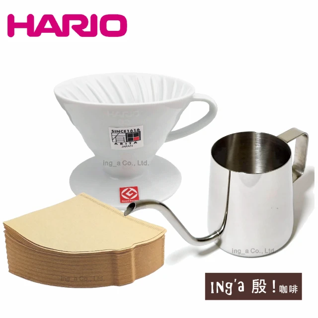 HARIO V60 1-2人份有田燒陶瓷濾杯及濾紙+Inga 不鏽鋼細口壺350ml