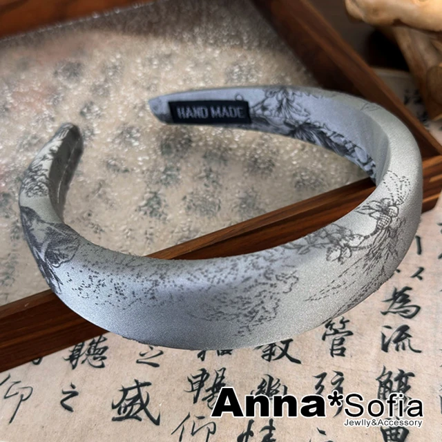 AnnaSofia 韓式髮箍髮飾-中國風絨線繪 現貨(銀灰系)