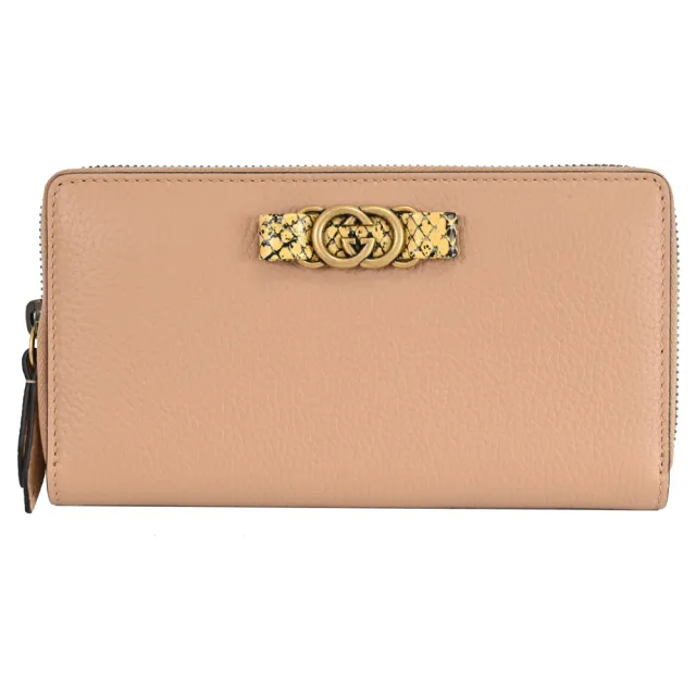 【GUCCI 古馳】限定雙G LOGO蛇紋裝飾皮革拉鍊發財零錢長夾(裸粉色)