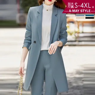 【Amay Style 艾美時尚】中大尺碼女裝 風衣 大衣 時髦顯瘦氣質窄領中長版西裝外套。S-4XL(5色.預購)