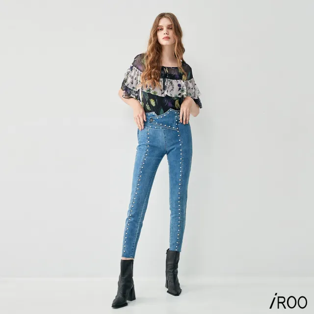 【iROO】珍珠丹寧窄管褲