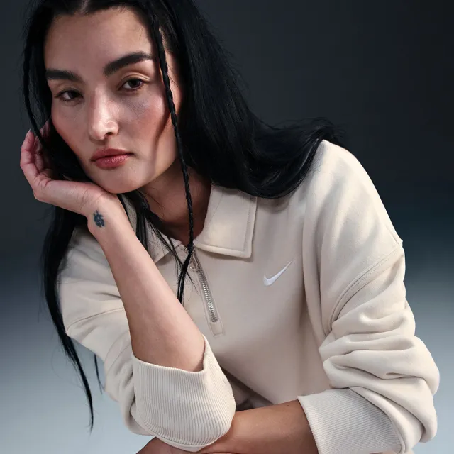 【NIKE 耐吉】AS W NSW PHNX FLC OS QZ PO 女 立領拉鍊 長袖 米色 復古穿搭 休閒(FZ3208-104 ∞)