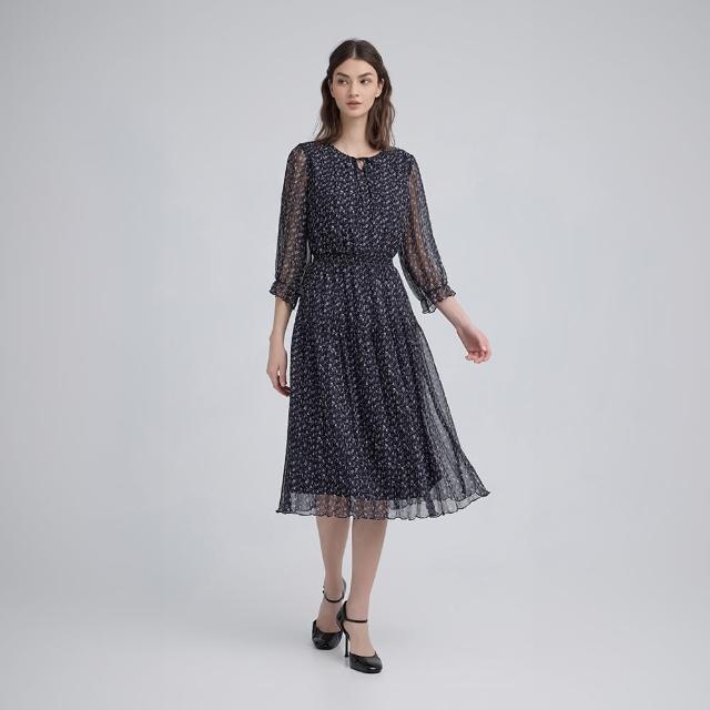 【ILEY 伊蕾】浪漫荷葉邊印花雪紡長洋裝(深藍；M-XL；1243077432)