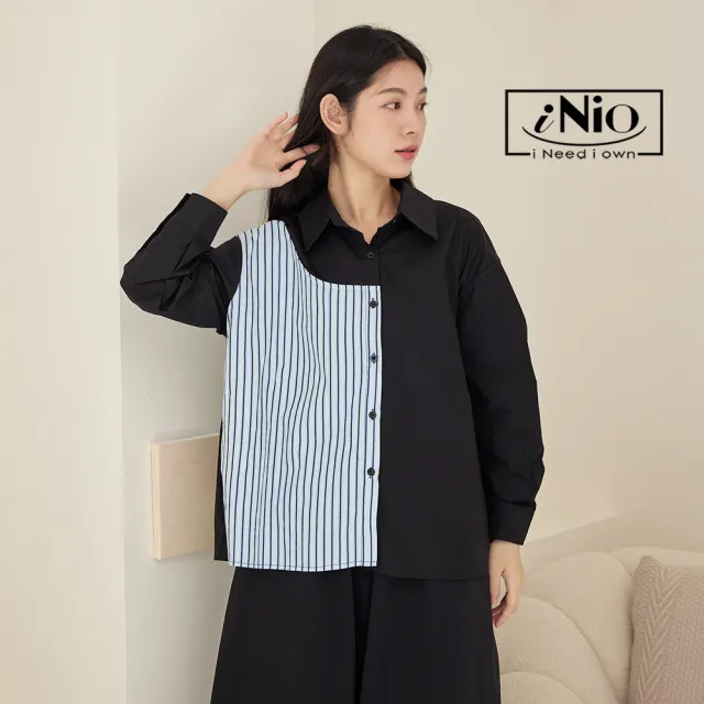 【iNio 衣著美學】長袖上衣 秋冬新品 現貨 條紋拼接 翻領 長袖襯衫(CDW1753)