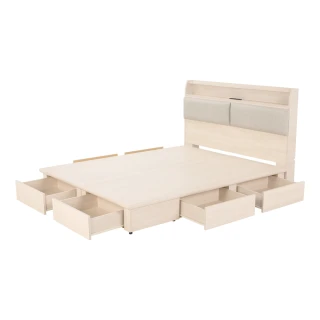 【H&D 東稻家居】北歐風白梧桐5尺雙人USB插座房間2件組--貓抓床頭+六抽抽屜床底 MIT 台灣製(六分木心板)