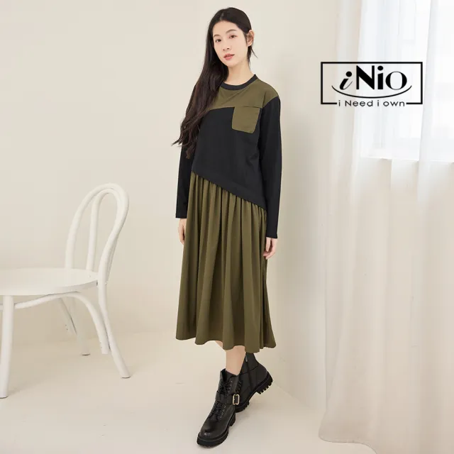 【iNio 衣著美學】洋裝 秋冬新品 現貨 假兩件 撞色拼接 長袖連身裙(CDW3703)
