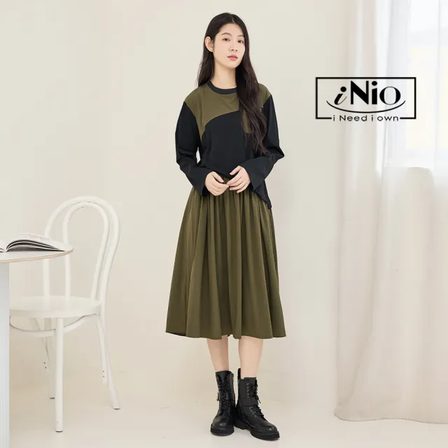 【iNio 衣著美學】洋裝 秋冬新品 現貨 假兩件 撞色拼接 長袖連身裙(CDW3703)