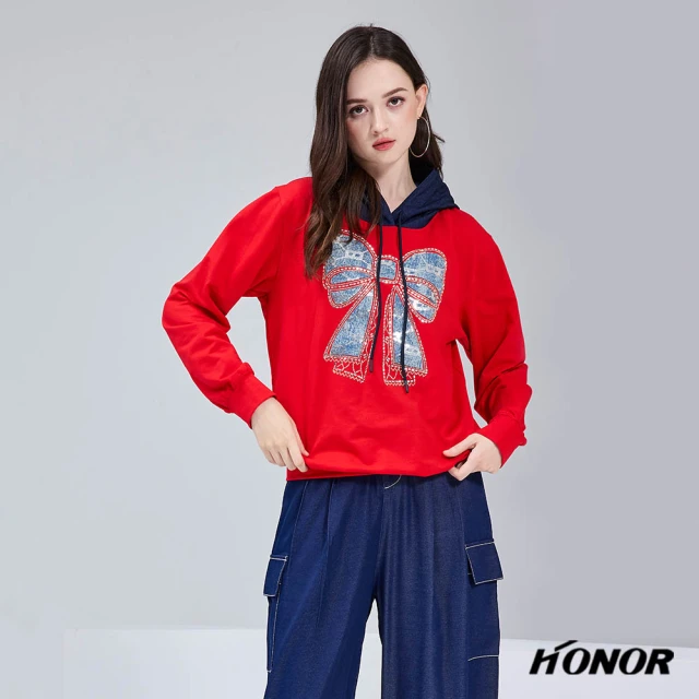 HONOR 山形屋 造型蝶結拼色連帽上衣-紅