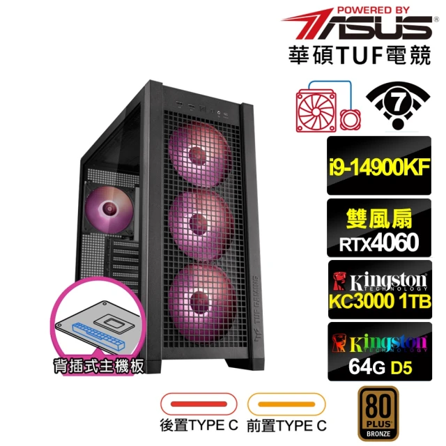 華碩平台 i9廿四核GeForce RTX 4060{普魯托K3BC}水冷 背插電競電腦(i9-14900KF/Z790/64G/1TB/WIFI)