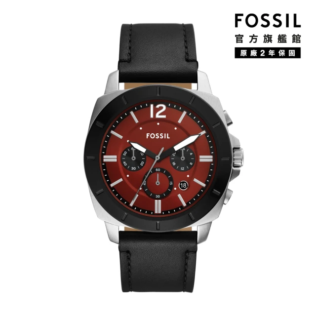 FOSSIL Privateer 城市型男闇紅三眼指針手錶 黑色真皮錶帶 45MM BQ2897