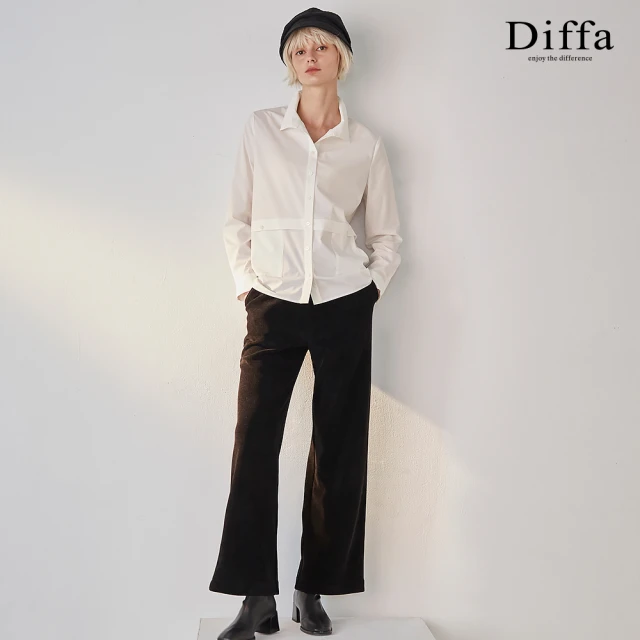 Diffa 質感條絨鬆緊腰長寬褲-女