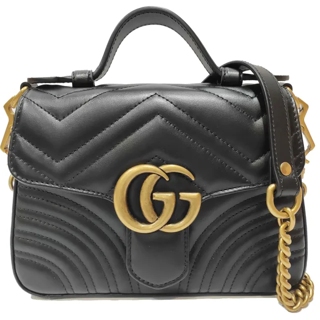 【GUCCI 古馳】547260 經典GG Marmont系列仿舊金色LOGO牛皮暗釦手提/斜背兩用包(全新展示品-黑色)
