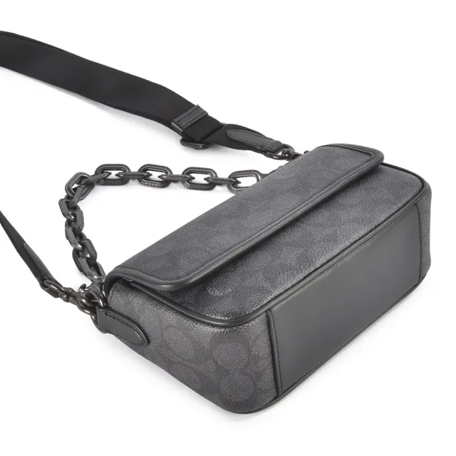 【COACH】CHARTER 18 滿版C LOGO PVC防水皮革鍊帶翻蓋斜背兩用包(黑灰色)