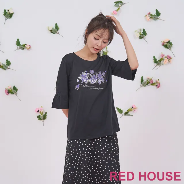 【RED HOUSE 蕾赫斯】玫瑰印花喇叭袖上衣(黑色)