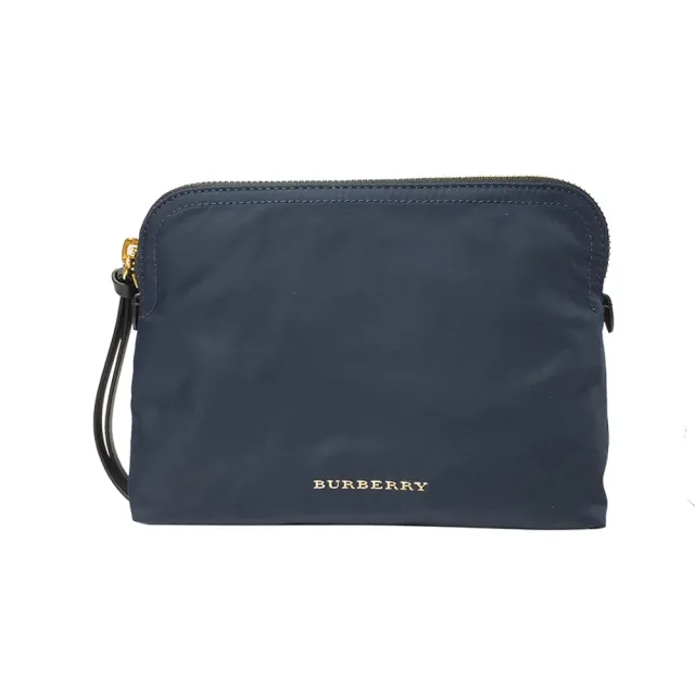 【BURBERRY 巴寶莉】40209131 素面尼龍拉鍊金色LOGO化妝包/盥洗包(藍色)（其他規格）
