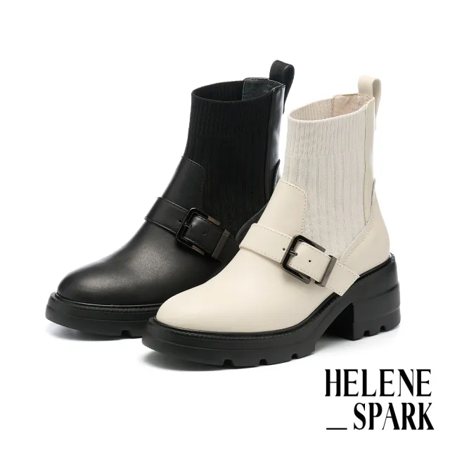 【HELENE_SPARK】簡約率性 Classic S 方釦拼接軟牛皮厚底短靴(米)