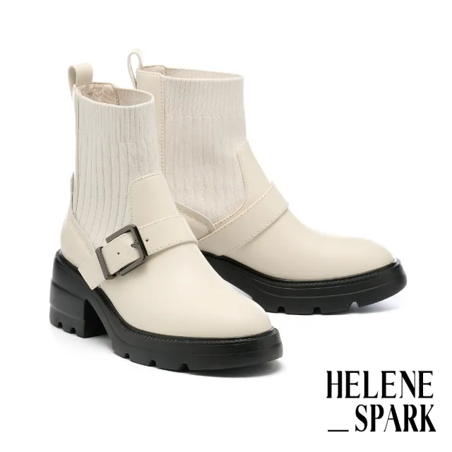 【HELENE_SPARK】簡約率性 Classic S 方釦拼接軟牛皮厚底短靴(米)