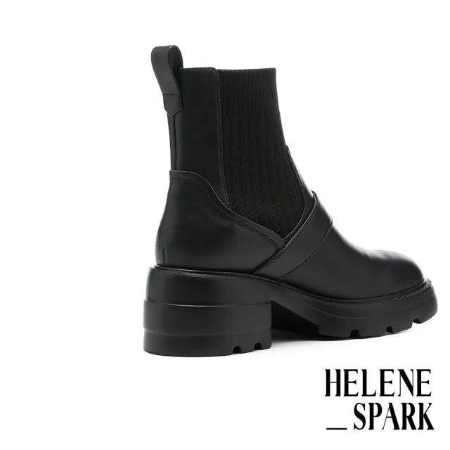 【HELENE_SPARK】簡約率性 Classic S 方釦拼接軟牛皮厚底短靴(黑)