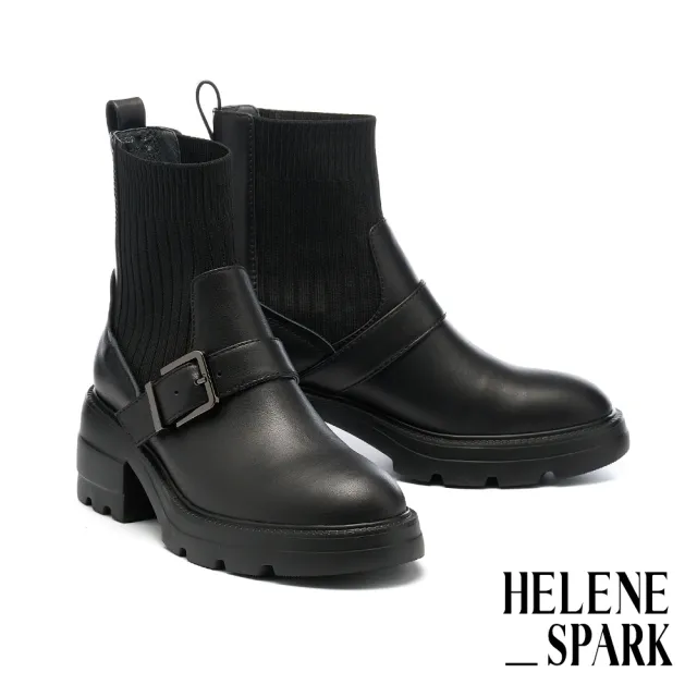 【HELENE_SPARK】簡約率性 Classic S 方釦拼接軟牛皮厚底短靴(黑)
