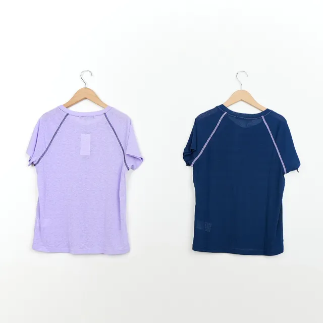 【MASTINA】配色爬線透膚拉克蘭短袖上衣(深藍 紫/魅力商品)
