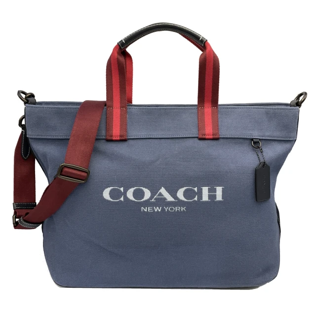 COACH 字母LOGO帆布手提斜背大購物托特包旅行袋(藍)