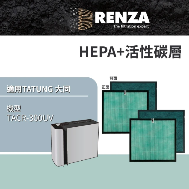 RENZA 適用 TATUNG 大同 TACR-300UV 空氣清淨機(HEPA+活性碳濾網 濾芯 濾心 2入組)