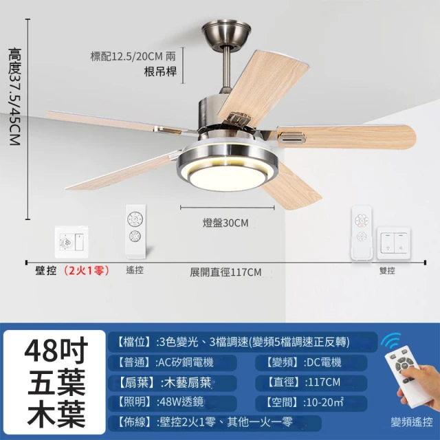 寧樂 風扇燈110V 吊扇燈 吊燈 吊扇 電風扇 現代簡約不鏽鋼大風力餐廳客廳家用一體(變頻遙控 48吋)