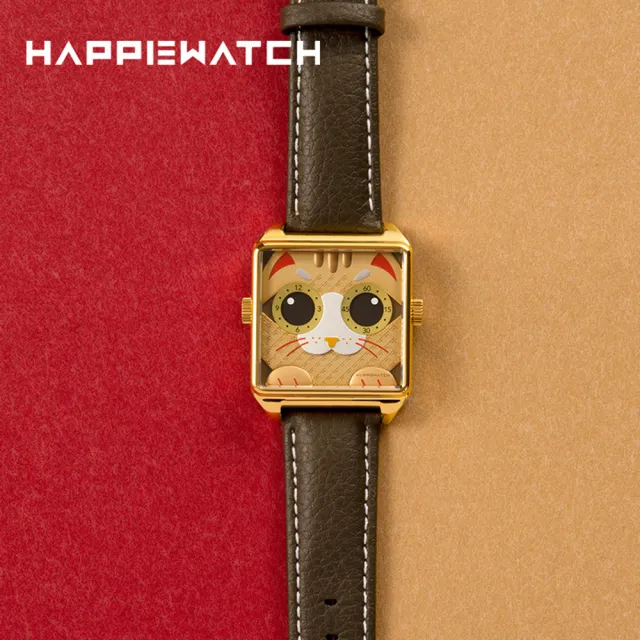 【HappieWatch】設計師品牌 立體金吉貓 方形金框 皮帶/矽膠手錶套組 小怪獸腕錶 36mm(CG36SPJJM)