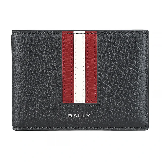 BALLY BALLY Ribbon燙銀LOGO小牛皮紅白紅條紋3卡對折卡夾(男款/黑)