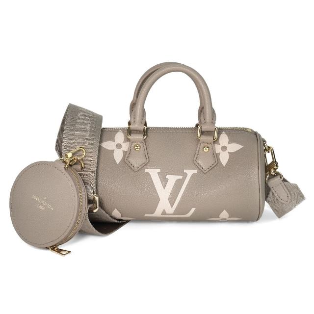 全新 LOUIS VUITTON 路易威登 M46031 Papillon BB 系列經典 Empreinte 皮革手提/斜背圓筒包，採用高階灰色系牛皮製成，設計簡約大方，適合日常搭配。此款為兩用包，可手提或斜背，配有原廠防塵袋、背帶（可調整長度）及零錢包配件。尺寸為長20cm、寬10cm、高10cm，提把高度6cm，內設1個內袋，方便收納小物。來自法國製造，為歐洲進口商品，適合女性使用，拉鍊式開口設計，安全實用。