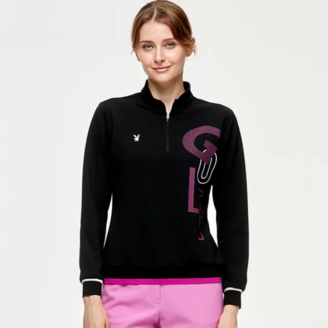 【PLAYBOY GOLF】女款蓄熱保暖下擺束口高爾夫立領長袖上衣-黑(吸濕排汗/GOLF/KA24226-88)
