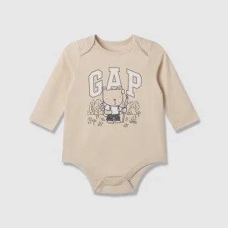 【GAP】嬰兒裝 Logo純棉小熊印花圓領長袖包屁衣-米色(645073)