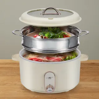 【MOLIJIA 魔力家】3L-M25 多功能美食料理不沾快煮電火電湯鍋+M2209不鏽鋼蒸籠(BY011025/SY011022-09)