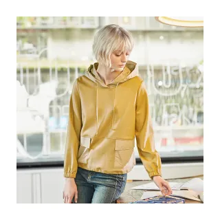 【Diffa】異素材拼接連帽貼袋針織衫-女