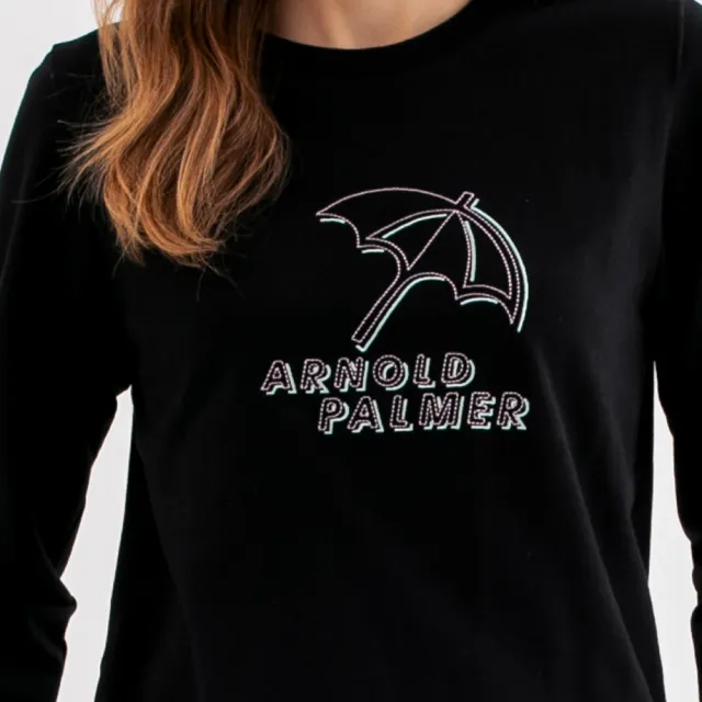 【Arnold Palmer 雨傘】女裝-大傘刺繡毛巾布大學T(黑色)