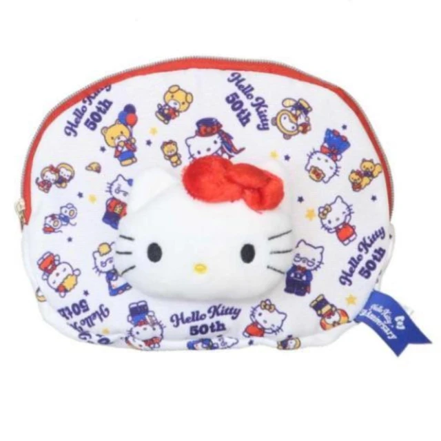 小禮堂 HelloKitty 50週年紀念 立體大臉半圓收納包 - 經典紅藍配色(平輸品)